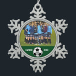 Custom Soccer Photo Collage Name Team Number Snowflake Pewter Christmas Ornament<br><div class="desc">This custom soccer photo collage features your uploaded soccer photos, a black and white soccer ball and your player's (or coach's) name, team name and number. All set against a colourful background that can be changed to match your team colours. Click on customize and then the small eye dropper. The...</div>