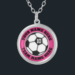 Custom soccer player jersey number team name small silver plated necklace<br><div class="desc">Custom soccer player jersey number team name small Silver Plated Necklace. Personalized sports gift for soccer player,  fan and coach. Pink or custom background colour. Sporty presents for girl,  sister,  daughter,  granddaughter,  mom,  friend,  team mate etc.</div>
