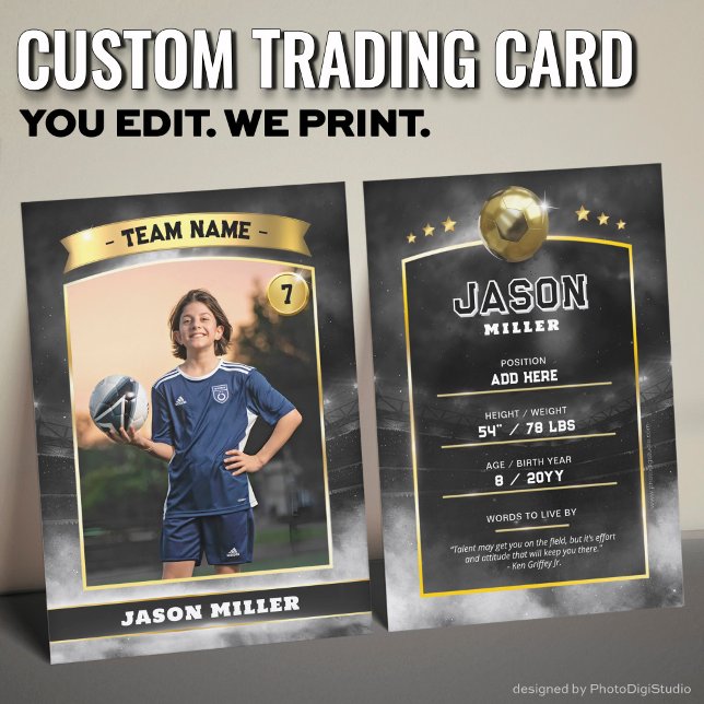 Custom Soccer Trading Card Black Gold Stadium (Custom Trading Card, Editable Soccer Trading Card, Modern Black Gold Stadium Design)
