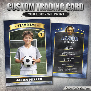 Custom Soccer Trading Card, Blue Gold Stadium Call Calling Card