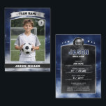 Custom Soccer Trading Card, Blue Silver Stadium Calling Card<br><div class="desc">A game-day–inspired trading card design featuring a dramatic foggy stadium backdrop and striking gold or silver elements for a premium, collectible finish. This bold layout puts the athlete front and center, turning any photo into a professional-style keepsake. Fully customizable with name, number, and stats, it’s the perfect way to celebrate...</div>