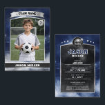 Custom Soccer Trading Card, Blue Silver Stadium Calling Card<br><div class="desc">A game-day–inspired trading card design featuring a dramatic foggy stadium backdrop and striking gold or silver elements for a premium, collectible finish. This bold layout puts the athlete front and center, turning any photo into a professional-style keepsake. Fully customizable with name, number, and stats, it’s the perfect way to celebrate...</div>