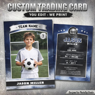 Custom Soccer Trading Card, Blue Silver Stadium Calling Card