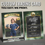 Custom Soccer Trading Card Green Gold Stadium<br><div class="desc">Score big with this custom soccer trading card featuring a bold green and gold stadium design! Perfect for young athletes, sports teams, or soccer fans, this editable trading card template lets you customize player stats, team name, and photo for a professional, collectable look. Whether for end-of-season gifts, team keepsakes, or...</div>