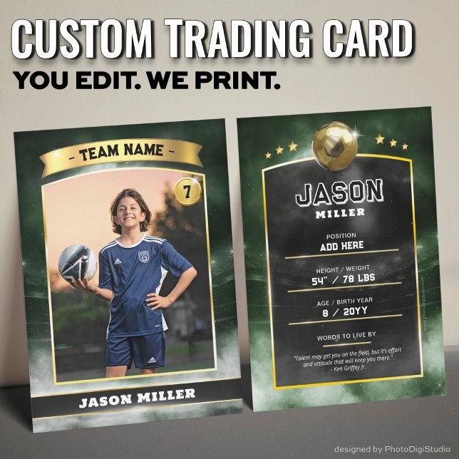 Custom Soccer Trading Card Green Gold Stadium (Custom Trading Card, Editable Soccer Trading Card, Modern Green Gold Stadium Design)