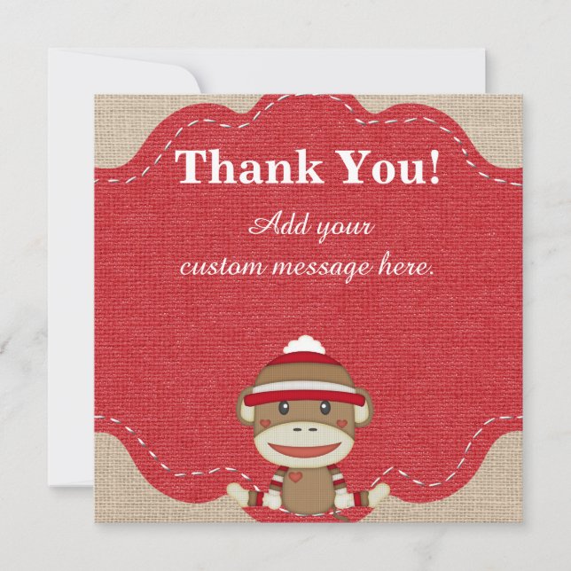 Custom Sock Monkey Party Gift Thank You Card (Front)