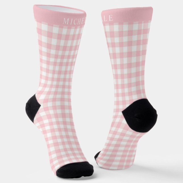 Custom Soft Pastel Pink White Chequered Pattern Socks (Angled)