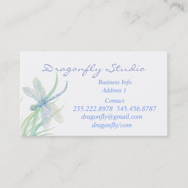 Custom Soft Watercolor Blue Green Dragonfly Busine Business Card (Front)