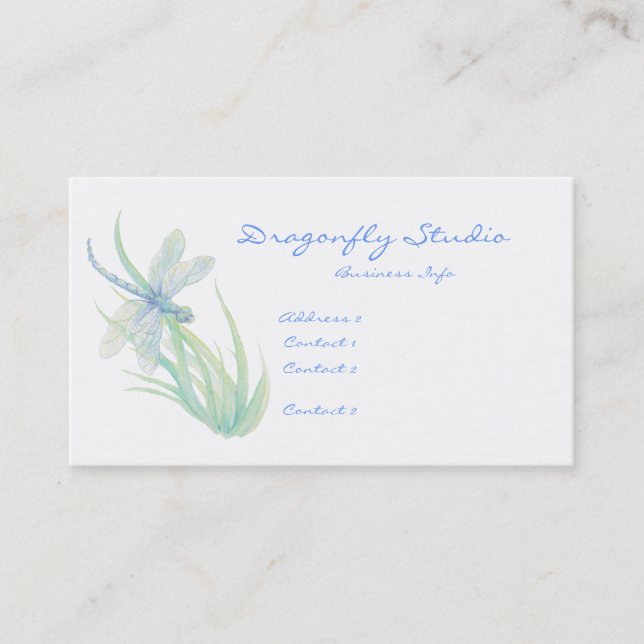 Custom Soft Watercolor Blue Green Dragonfly Business Card (Front)