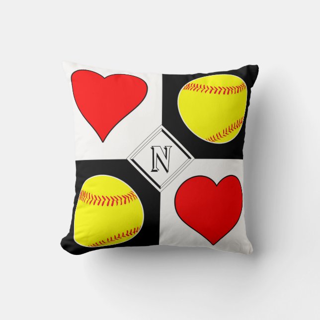 Custom Softball & Heart Square Chequered Pattern Throw Pillow (Front)
