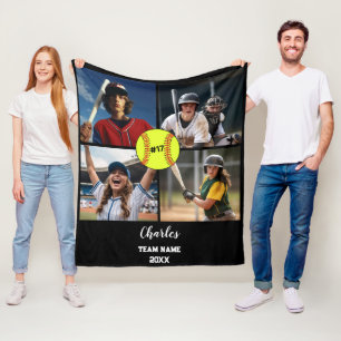 Custom Softball Photo Collage with Name & Year Fleece Blanket