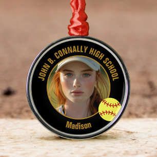 Custom Softball Player Photo Christmas Black Gold Metal Ornament
