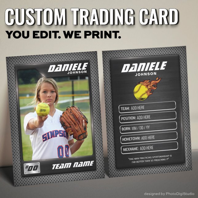 Custom Softball Trading Card, Black Graphite Sport Calling Card (Graphite Softball Trading Card, Custom Softball Player Card)