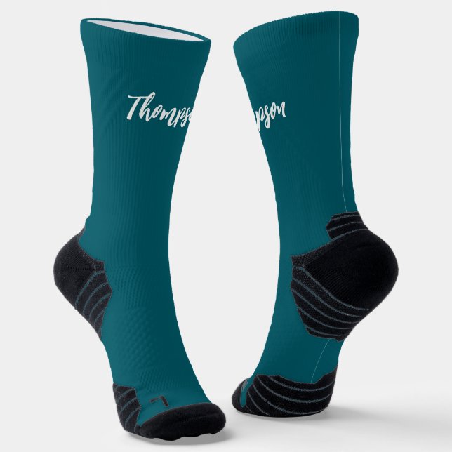 Custom solid navy blue with modern calligraphy socks (Angled)