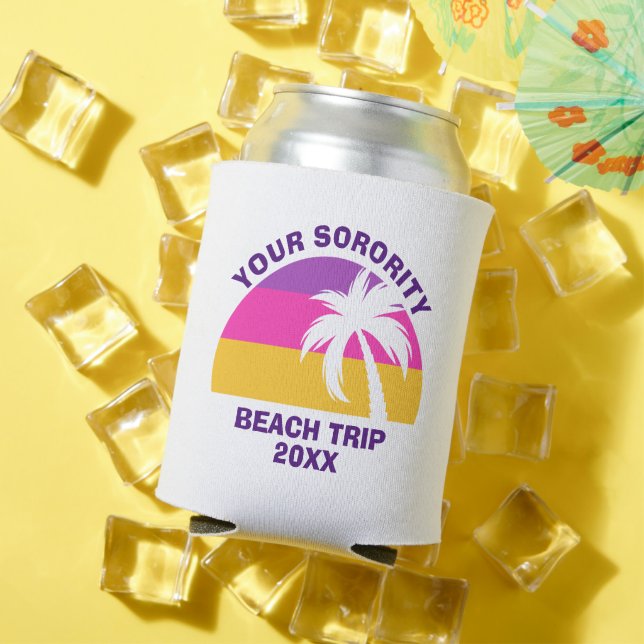 Custom Sorority Beach Trip Pink Palm Tree Tropical Can Cooler (In Situ Summer)