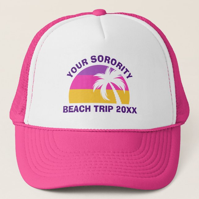 Custom Sorority Beach Trip Reunion Pink Palm Tree Trucker Hat (Front)