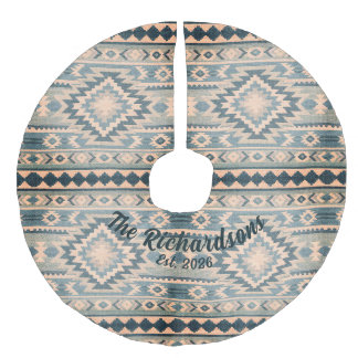 Custom Southwestern Kilim Ikat rug Christmas Faux Linen Tree Skirt