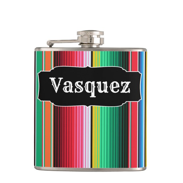 Custom Spanish Serape Mexican Blanket Personalized Hip Flask (Front)