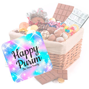 Custom Sparkle Pastel Mishloach Manot Happy Purim Square Sticker