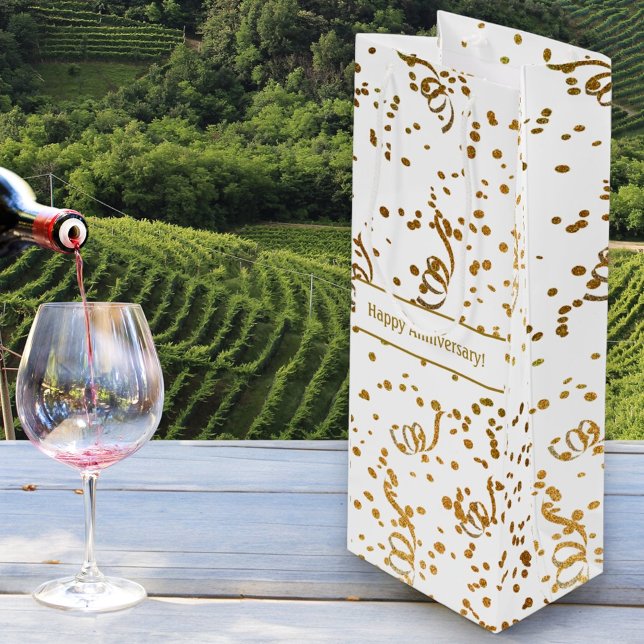 Custom Special Occasion Gold Confetti Streamers Wine Gift Bag (angled paper wine bag with gold confetti and template text)