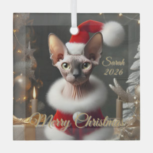 Custom Sphynx Cat Photo Christmas 2026  Glass Ornament