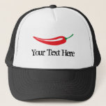 Custom spicy hot red chili pepper trucker hat<br><div class="desc">Custom spicy hot red chili pepper trucker hat. Spicy food design with vintage typography template. Add your own name,  monogram or funny quote / saying. Cute personalized gift idea for men and women. Black and white cap. Fun for spicy food eating contest.</div>