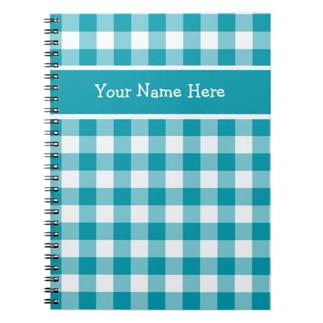 Custom Spiral Notebook, Teal Check Gingham Pattern Notebook (Front)