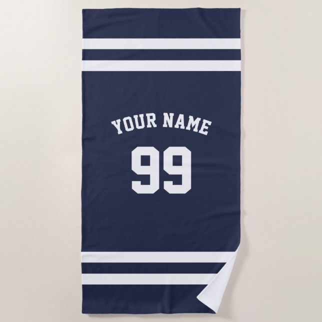 Custom sports football jersey number navy blue beach towel (Front)