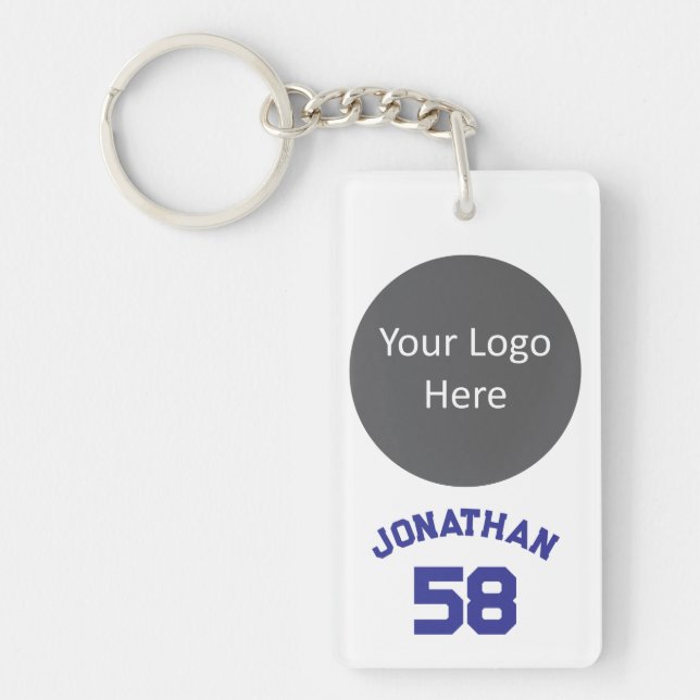 Custom Sports Team Logo & Name Jersey Number Blue Keychain (Front)
