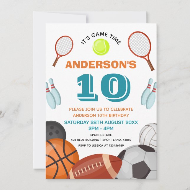 Custom Sports Themed Kids Birthday Party Invitation (Front)