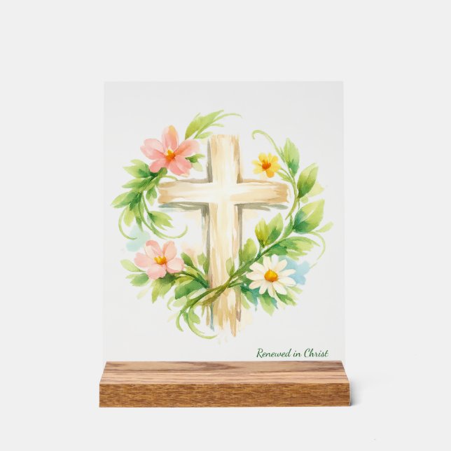 Custom Spring Cross Acrylic "Renewed in Christ" Acrylic Sign (Front)