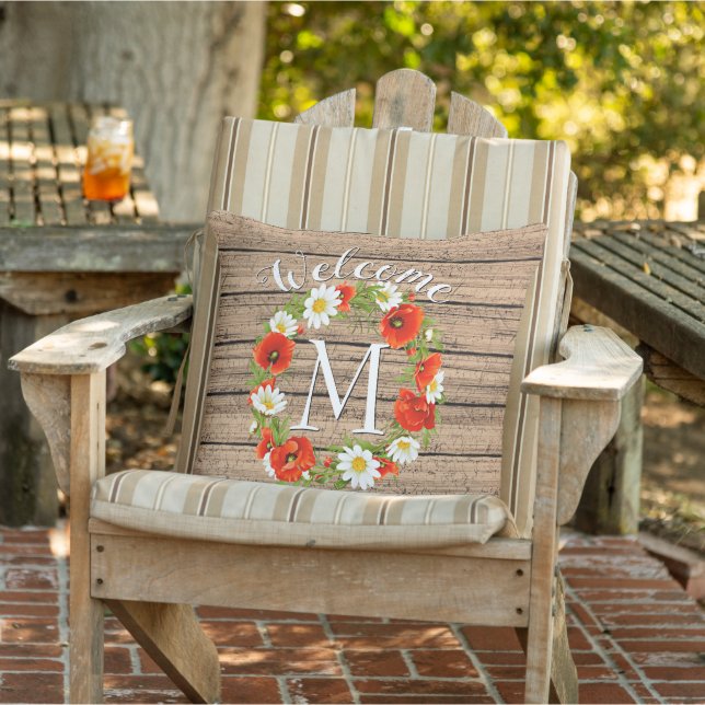 Custom Spring Floral Daisies Poppies Wreath Outdoor Pillow (Chair)