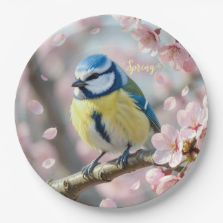 Custom Spring Party Blue Tit Bird on Cherry Tree Paper Plate
