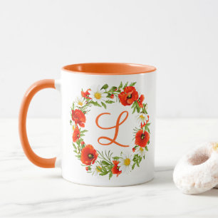 Custom Spring Poppies Daisies Monogram Wreath Art Mug