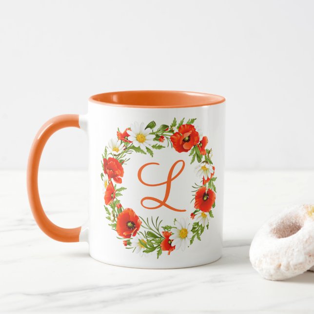 Custom Spring Poppies Daisies Monogram Wreath Art Mug (With Donut)