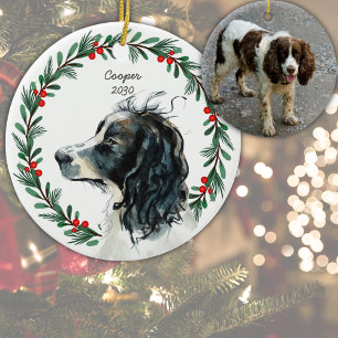 Custom Springer Spaniel Dog Photo Christmas Wreath Ceramic Ornament
