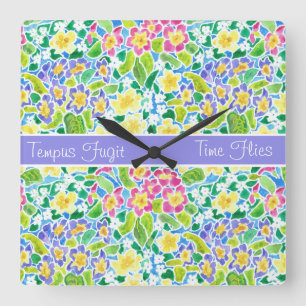 Custom Square Clock, Spring Primroses, Powder Blue Wall Clock