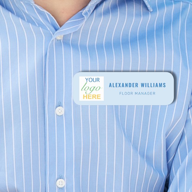 Custom Square Logo and Employee  Name Tag (Custom business your logo here employee name and job tag Blue modern professional design)