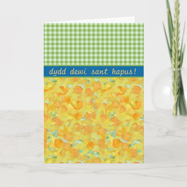 Custom St David's Day Card, Daffodils and Gingham Card (Front)