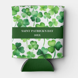 Custom St Patricks Day Green Watercolor Shamrock Can Cooler