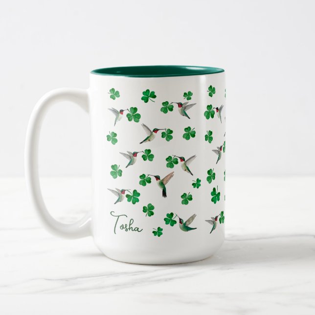 Custom St. Patrick's Day Hummingbird and Shamrocks Two-Tone Coffee Mug (Left)