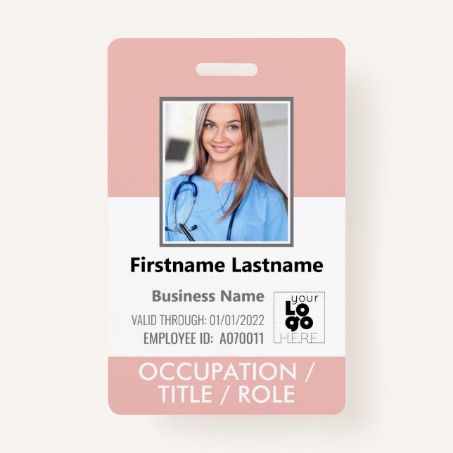 Custom Staff Photo, Barcode,+ Logo Rose Pink Name Badge (Front)
