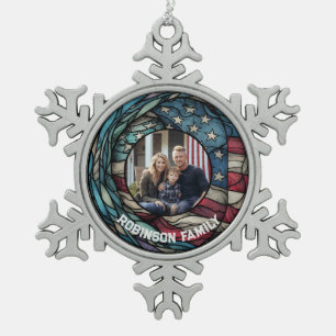 Custom Stained Glass Design USA Flag Patriotic Snowflake Pewter Christmas Ornament
