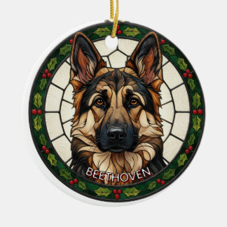 Custom Stained glass effect DOG'S name Christmas  Ceramic Ornament