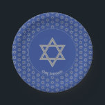 Custom STAR OF DAVID Paper Plate<br><div class="desc">Custom STAR OF DAVID Paper Plates. Elegant mid blue STAR OF DAVID Paper Plates, showing with faux silver Magen David in a tiled pattern. At the centre, there is an image of a larger Star of David, which is CUSTOMIZABLE, so you can upload your own image. Underneath, the text reads...</div>