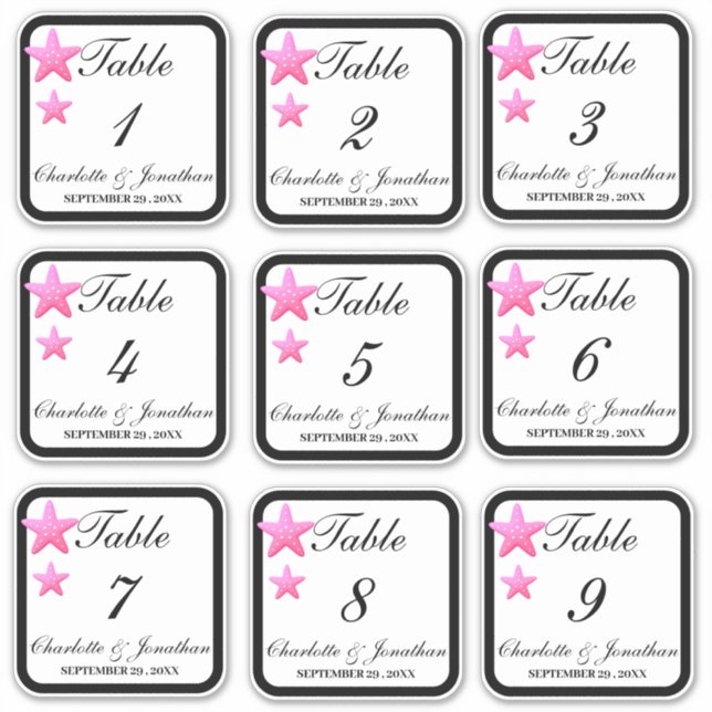 Custom Starfish Beach Wedding Table Numbers  (Front)