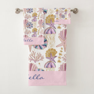 Custom Starfish Seashell Blue Purple Pink Nautical Bath Towel Set