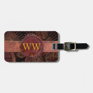 Custom Steampunk Gears Leather Luxury Monogram Luggage Tag