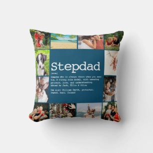 Custom Stepdad Definition Photo Collage Blue Throw Pillow