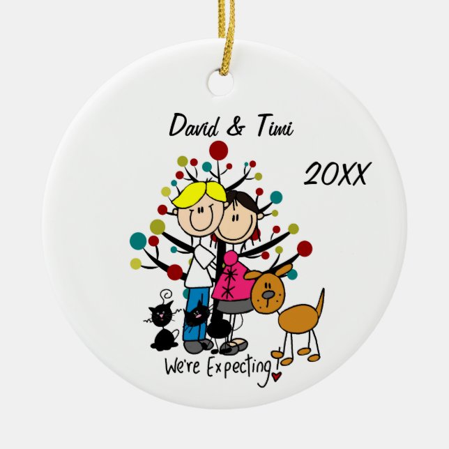 Custom Stick Figure Couple With Pets Ornament (Front)
